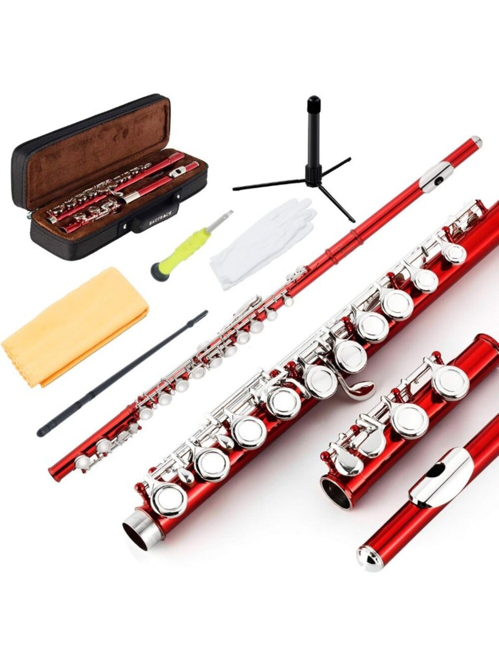 Closed Hole C Flute for Beginners & Kids - Nickel with Case, Stand & Cleaning